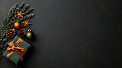 Festive Gift Giving: Top View of Christmas Decorations with Presents, Baubles, Stars, and Pine Branches on Isolated Green Background