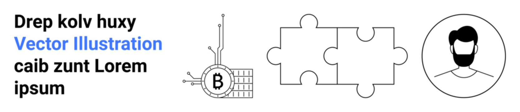Bitcoin symbol and circuit, two interlocking puzzle pieces, and male avatar outline. Ideal for cryptocurrency, blockchain, finance, teamwork, technology, identity, and business themes. Landing page