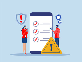 Businessman Analyst with checklist and caution signs,Risk assessment and management, identifying potential risks and mitigation strategies, ensuring project security concept vector illustration