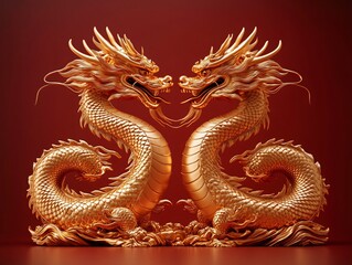 Fototapeta premium Fierce golden dragons entwined in a dynamic pose, perfect for Chinese New Year celebrations, cultural events, or luxury branding with a mystical atmosphere.
