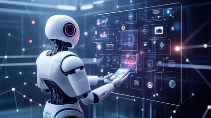 A robot holding an AI data stream with icons and symbols representing various types of artificial intelligence