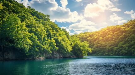 A sunny day features a body of water nestled beside a lush green hill, its cover dense with verdant trees. Verdant. Illustration