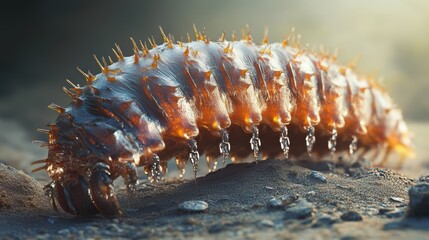A close-up of a spiky, armored caterpillar with intricate details and vibrant colors crawling on a sandy surface in natural sunlight.