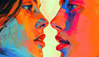 Naklejka premium Abstract Painting of Two Faces in Vivid Colors