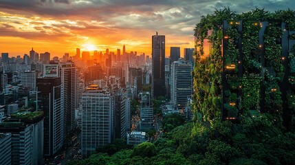 Obraz premium Sunset cityscape with a vertical green building.