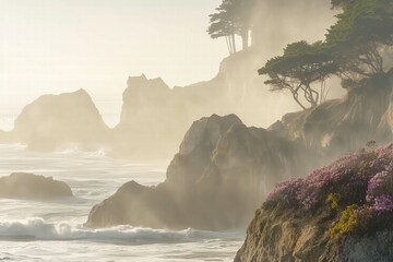Mystical Coastal Cliffs Enveloped in Morning Mist by Generative Ai