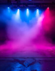 The dark stage shows, empty dark blue, purple, pink background, neon light, spotlights, The asphalt floor and studio room with smoke float up the interior texture for display products.