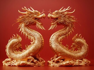 Obraz premium A striking image of golden dragons symbolizing power and elegance, perfect for Lunar New Year celebrations, cultural events, and promotional materials.