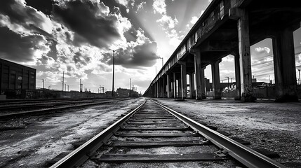 Urban Railroad Tracks Underneath Overpass. Industrial Urban Landscape.