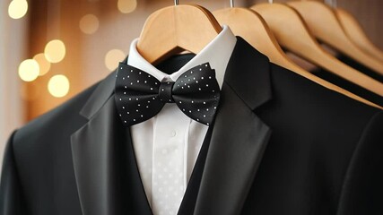 Elegant black tuxedo with polka dot bow tie displayed on hangers for a formal event preparation - Powered by Adobe