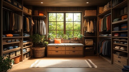 A captivating and organized walk-in closet filled with well-arranged clothing and accessories, showcasing a spacious design combined with natural light.