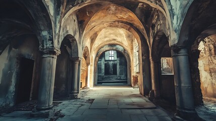 Obraz premium Ruined Church Interior, Historical Architecture, Decaying Religious Building