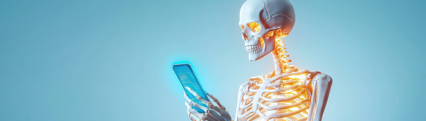 minimalistic skeleton businessman holding smartphone, showcasing modern technology. glowing screen adds futuristic touch