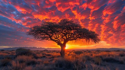 Fototapeta premium A stunning sunset over a solitary tree in a vast landscape, showcasing nature's beauty.