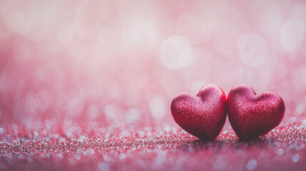 Fototapeta premium Two glittery red heart shapes on a sparkling pink background, symbolizing love and affection.