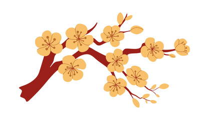 Branch of blossoming sakura or cherry tree in Chinese style. Decoration for Chinese New Year. Golden flowers on a branch. White background.