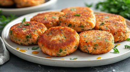 A collection of salmon cakes arranged in various shapes, displayed on a glossy white plate with subtle herb garnishes and sauce droplets