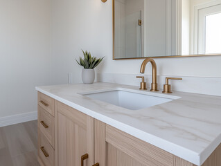 Modern Bathroom Vanity with Gold Faucets and Quartz Countertop