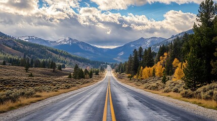 Naklejka premium Autumn Mountain Road Trip. Scenic Highway Through Fall Foliage and Mountains.