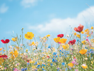 Naklejka premium A field of wildflowers under a blue sky