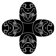 Geometrical cross shape design with stylized human figurines holding masks or heads. Indigenous Native American art from ancient Peru. Recuay culture. Black and white silhouette.