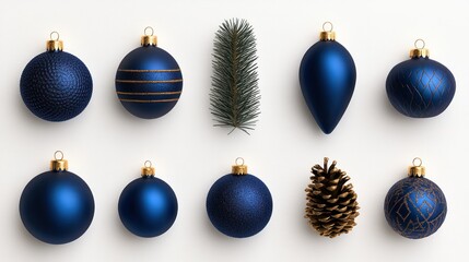 Gold and Blue Christmas Ornaments with Pine Cones on Sophisticated Blue Background for Festive Holiday Design