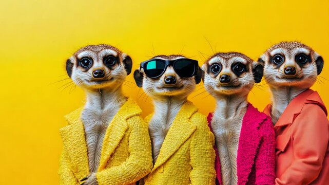 Meerkats dressed in colorful jackets pose in front of a bright yellow background, showcasing their playful personalities