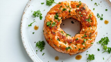 A salmon cake shaped like a perfect circle, placed on a white plate with small garnishes of parsley and a light drizzle of sauce