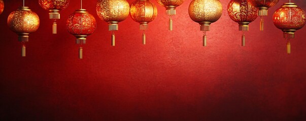 Elegant Chinese lanterns against a rich crimson wall, ideal for Lunar New Year celebrations, festive invitations, banners, and cultural events.