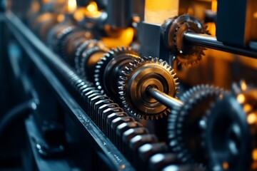 Fototapeta premium Intricate gears and machinery in industrial production line for precision steel beam engineering