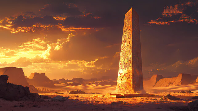 Majestic ancient egyptian obelisk engraved with mythical manticore imagery in moody desert illumination. manticore. illustration. Obelisk. Illustration