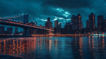 New York City Skyline at Night with Bridge. Urban Landscape, Cityscape, Metropolis