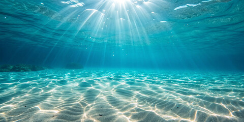 Generative ai. An underwater scene, showcasing a sunlit, shallow reef.  Sunlight beams down through the clear, azure water, illuminating the white sand bottom