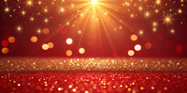 Generative ai. A vibrant red and gold glitter background.  Bright, golden light rays radiate from the top center, creating a starburst effect.