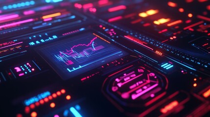 Futuristic digital technology background featuring glowing data visualizations and virtual charts