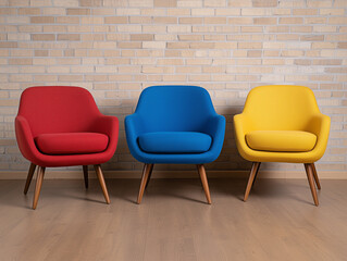 Three Armchairs: Red, Blue, and Yellow Upholstery