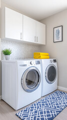 White Washer and Dryer in Laundry Room with White Cabinets and Blue Rug