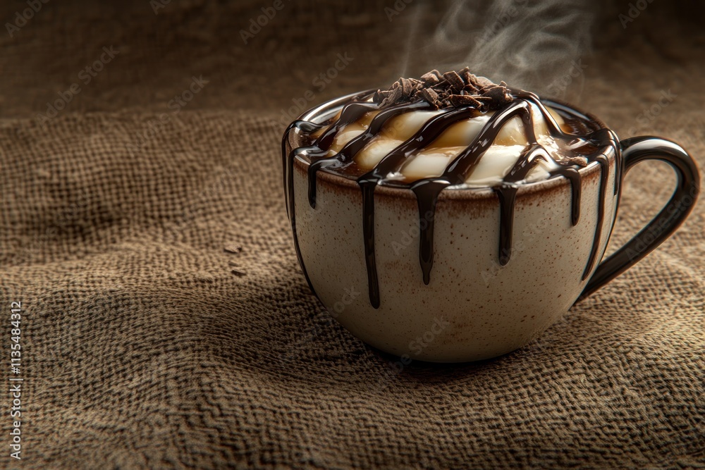 Poster steaming drink with chocolate and cream on burlap fabric.