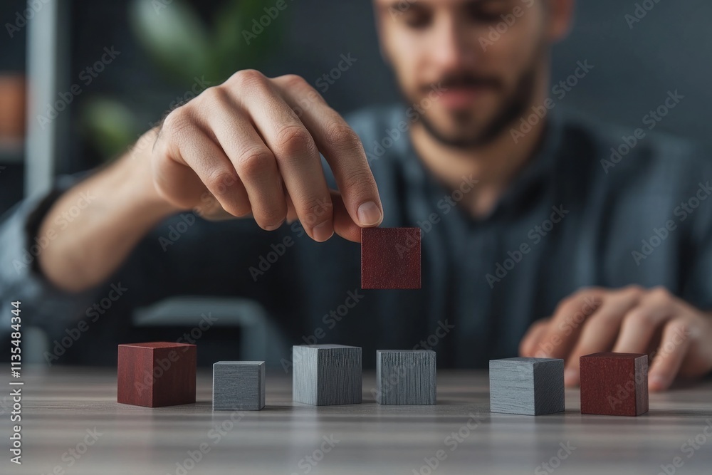 Aufkleber man arranging wooden blocks on a table.