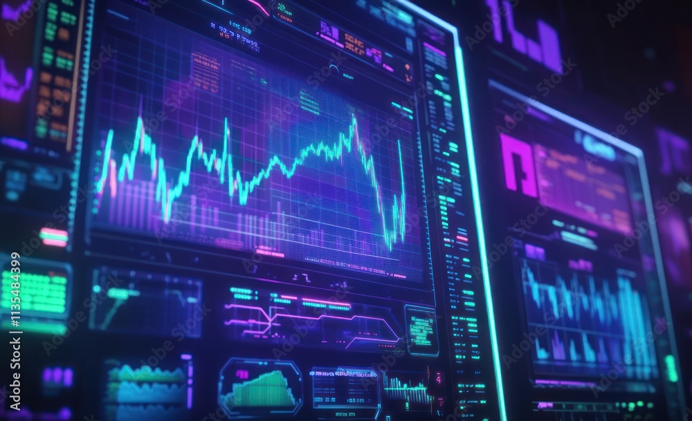 Poster neon screens display stock data, graphs, and charts.