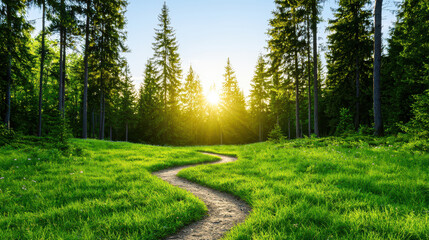 Obraz premium serene forest path winds through lush green grass, illuminated by sunlight