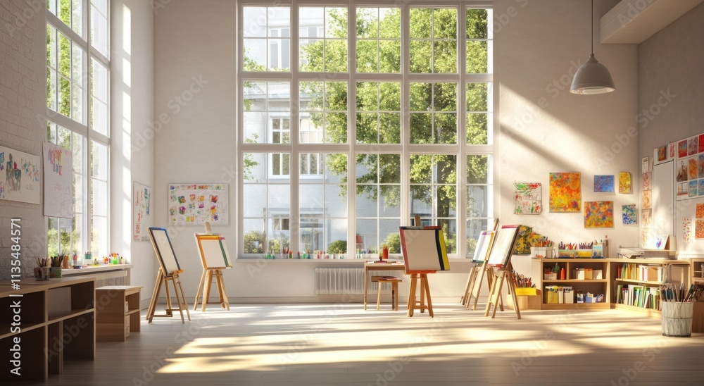 Poster bright art studio with easels and window view.