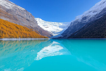 Glacial Alpine Lake with Autumnal Trees and Snow-capped Mountains