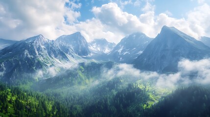 Fototapeta premium Majestic Mountain Range with Clouds and Lush Forests. Scenic Landscape.
