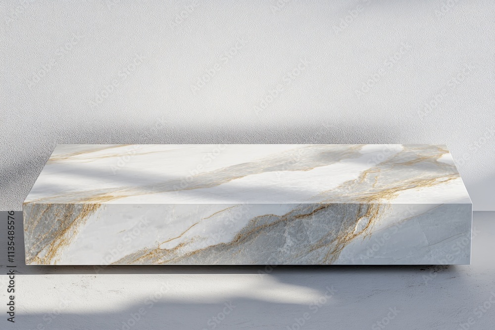 Poster marble platform with shadows against plain wall.