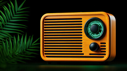 close up of vintage wooden radio with green dial, surrounded by tropical leaves, evokes nostalgia and warmth