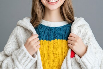 Close-up of smiling woman in colorful knitted sweater and cardigan.