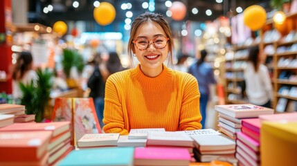 Smiling woman surrounded by towering stacks of paper and manuscripts in a bright office, symbolizing the hard work and dedication of the publishing industry for Book Publishers Day.