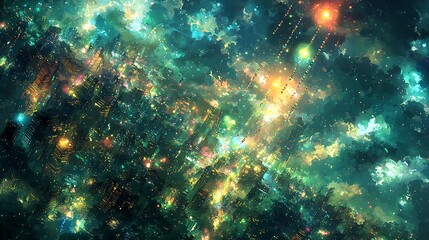 Obraz premium Futuristic city lights illuminate a vibrant, dynamic metropolis at night, seen from a high-angle perspective.