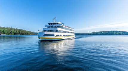 Obraz premium Passenger Ship on a Lake with Forested Shores